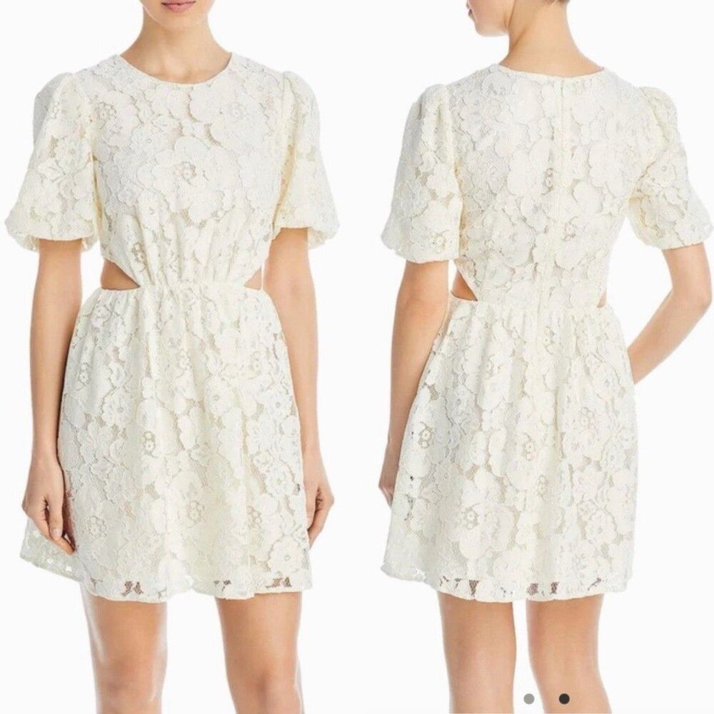NWT WAYF Dress Plaza Mini Cutout Women M Ivory Lace Overlay‎ Puff Bridal Wedding